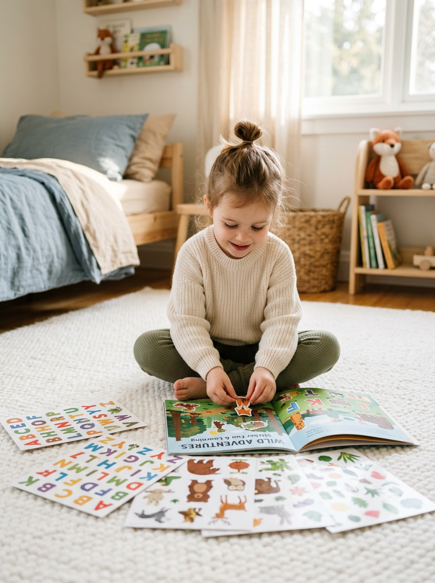 Girl playing with reusable educational sticker book