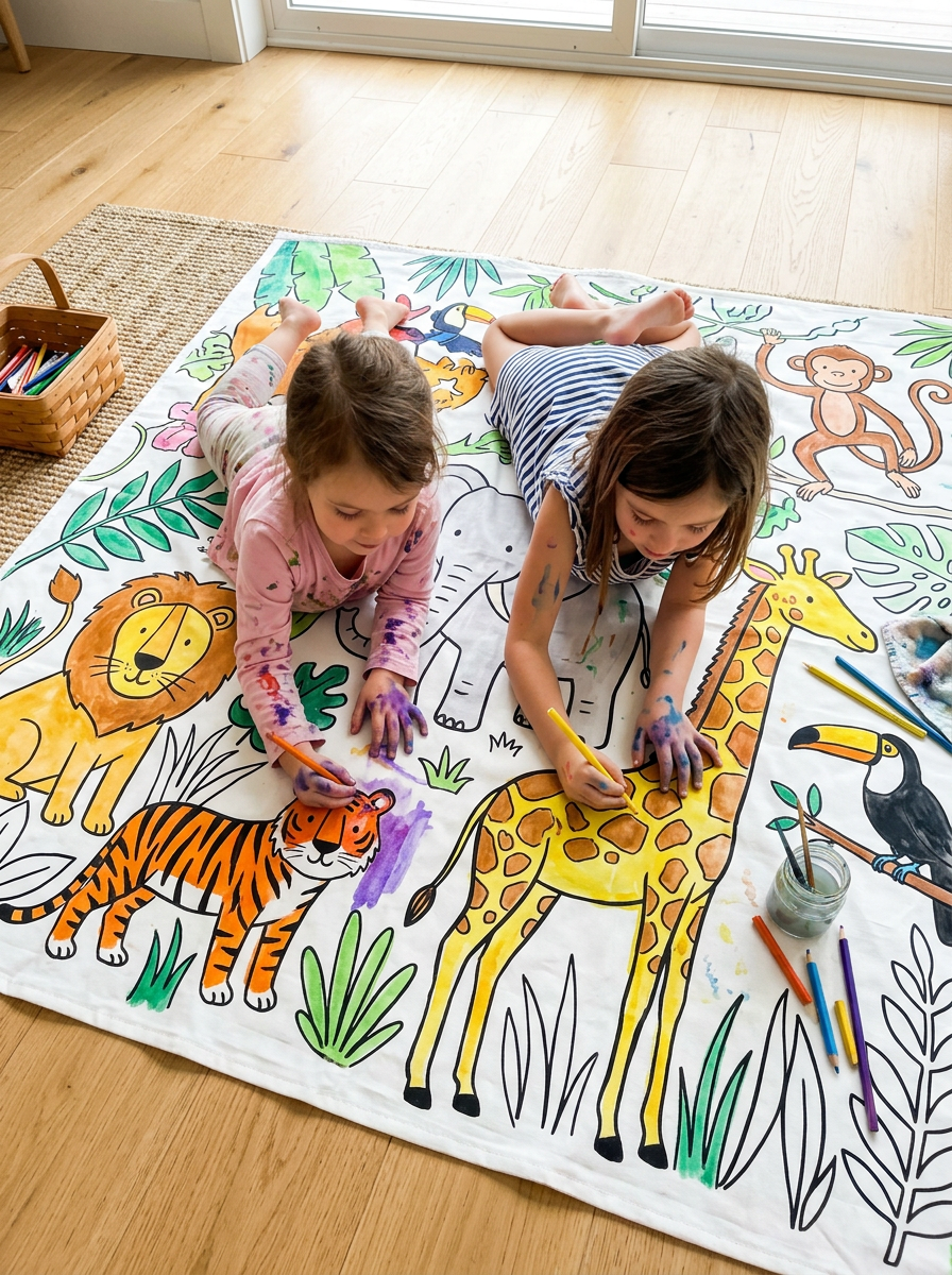 Kids colouring on giant washable coloring blanket