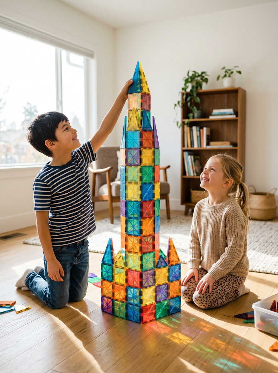 Kids building with magnetic tiles STEM set