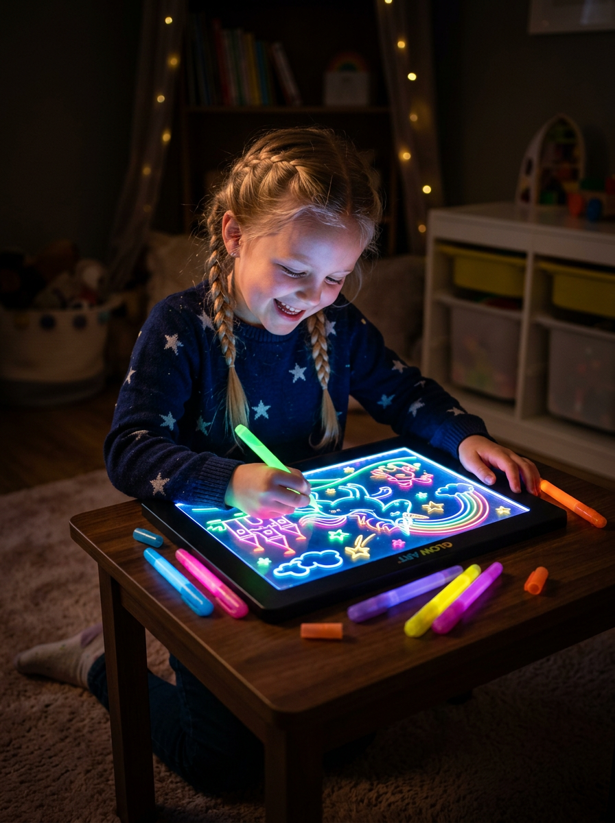 Child drawing on luminous LED drawing board