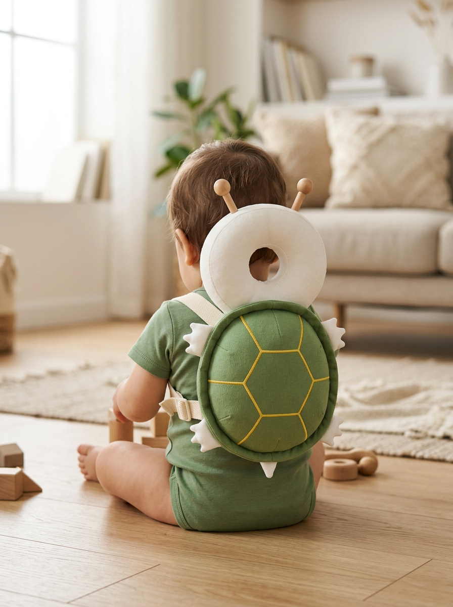 Baby wearing green turtle head protection backpack — back view