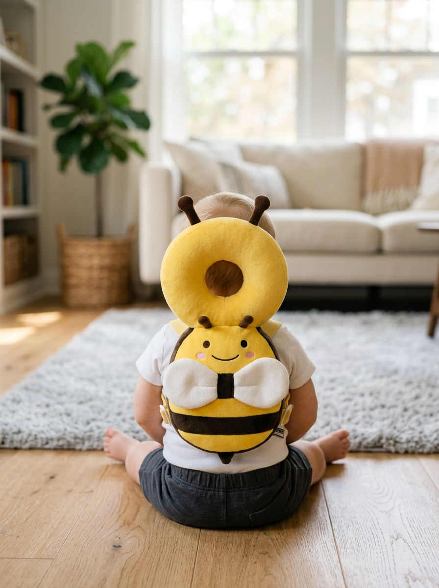 Baby wearing yellow bee head protection backpack — back view