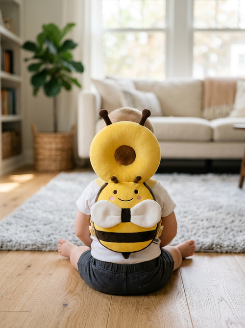 Baby wearing yellow bee head protection backpack — back view